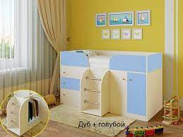 Кровать-чердак Малыш-4 Дуб молочный/Голубой в Олёкминске - olyokminsk.mebel54.com | фото