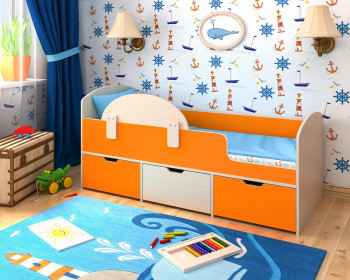 Кровать Малыш-мини с бортиком Дуб молочный/Оранжевый в Олёкминске - olyokminsk.mebel54.com | фото