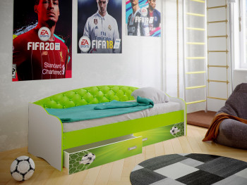 Кровать Софа-8 с мягкой спинкой фотопечать Футбол (900х1900) Белый/Лайм в Олёкминске - olyokminsk.mebel54.com | фото