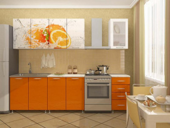 Кухонный гарнитур 1,6м Апельсин (Белый/Оранжевый металлик/Фотопечать апельсин) в Олёкминске - olyokminsk.mebel54.com | фото
